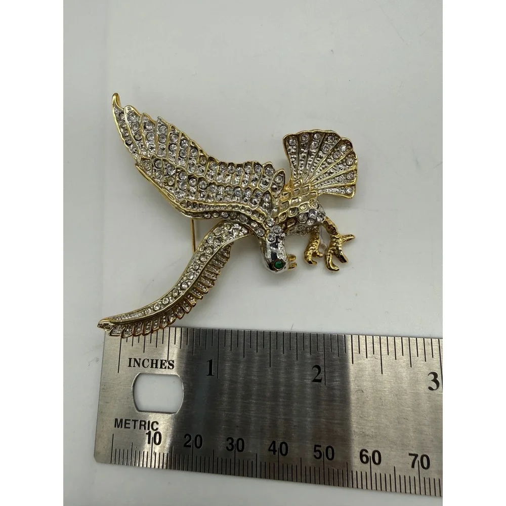 Gold Tone Soaring Eagle Brooch Clear Pave Crystal Rhinestone Green Eye Pin